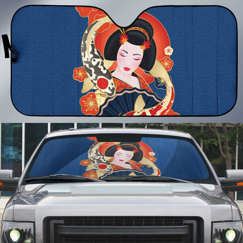 Japanese Geisha Koi Fish Auto Sun Shade Cherry Blossoms Blue Seigaiha Pattern - Polynesian Pride