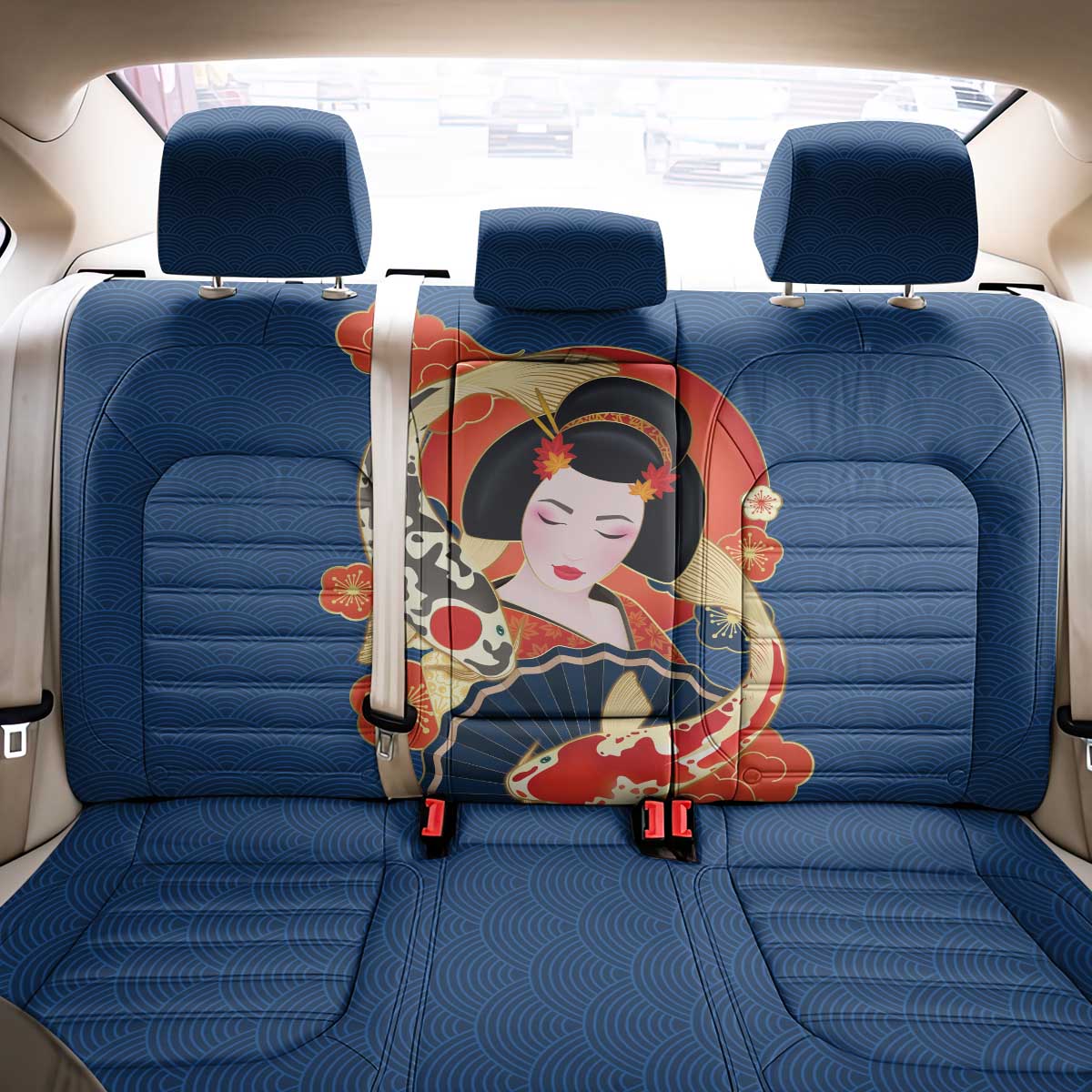 Japanese Geisha Koi Fish Back Car Seat Cover Cherry Blossoms Blue Seigaiha Pattern - Polynesian Pride