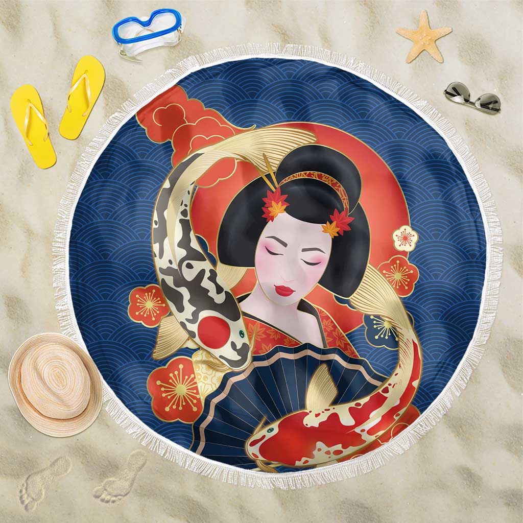 Japanese Geisha Koi Fish Beach Blanket Cherry Blossoms Blue Seigaiha Pattern - Polynesian Pride