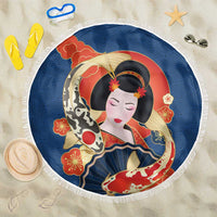 Japanese Geisha Koi Fish Beach Blanket Cherry Blossoms Blue Seigaiha Pattern - Polynesian Pride