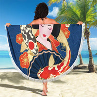 Japanese Geisha Koi Fish Beach Blanket Cherry Blossoms Blue Seigaiha Pattern - Polynesian Pride