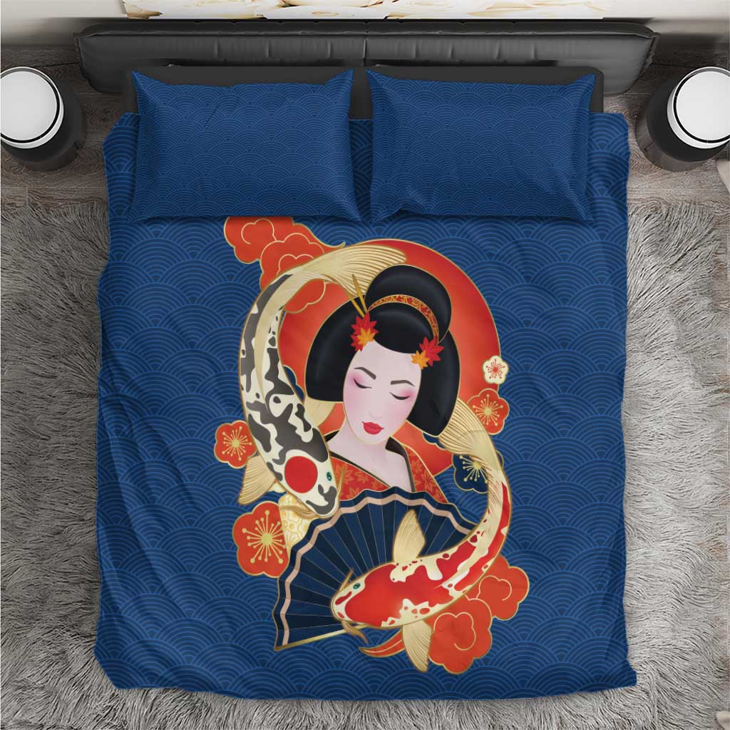 Japanese Geisha Koi Fish Bedding Set Cherry Blossoms Blue Seigaiha Pattern LT14 Blue - Polynesian Pride