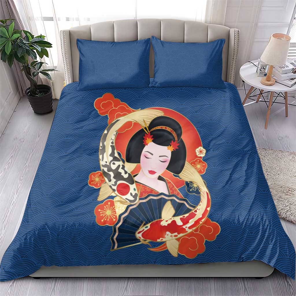 Japanese Geisha Koi Fish Bedding Set Cherry Blossoms Blue Seigaiha Pattern LT14 - Polynesian Pride