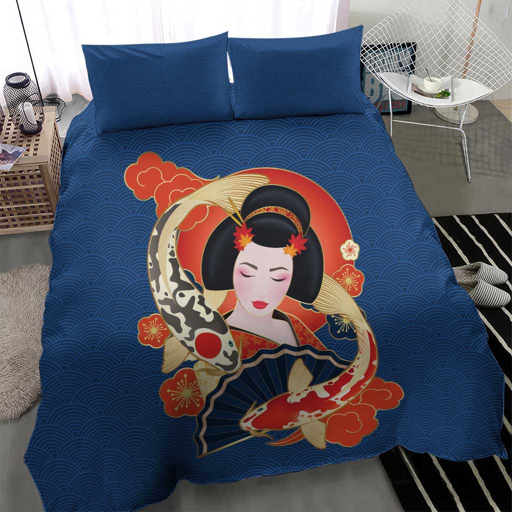 Japanese Geisha Koi Fish Bedding Set Cherry Blossoms Blue Seigaiha Pattern LT14 - Polynesian Pride