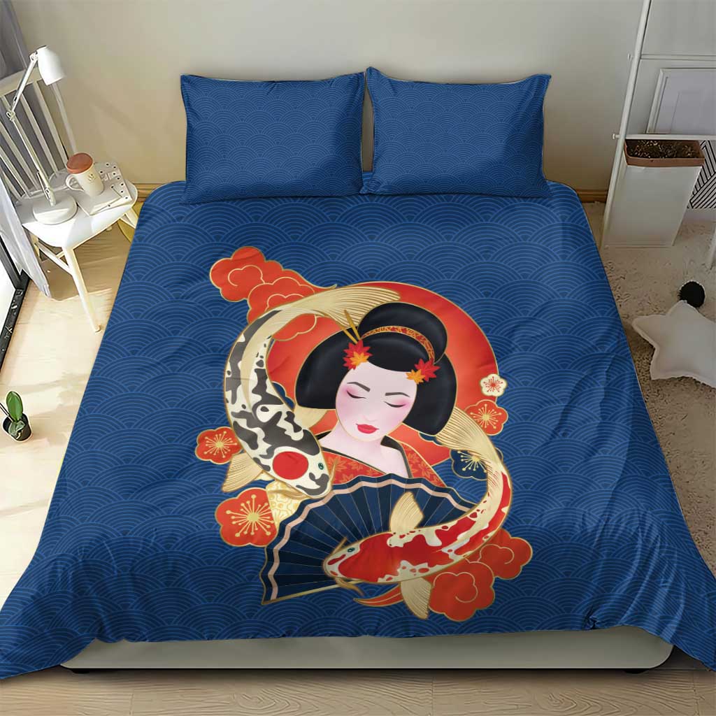 Japanese Geisha Koi Fish Bedding Set Cherry Blossoms Blue Seigaiha Pattern LT14 - Polynesian Pride