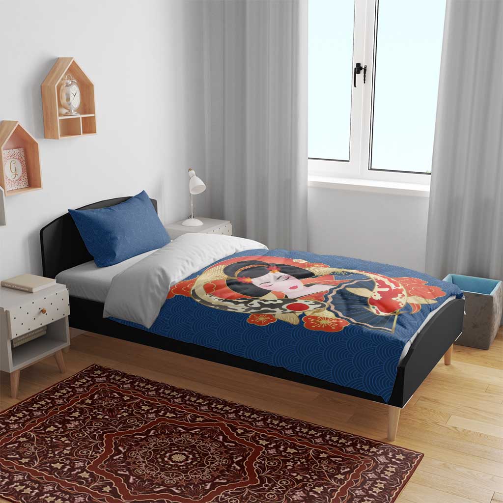 Japanese Geisha Koi Fish Bedding Set Cherry Blossoms Blue Seigaiha Pattern LT14 - Polynesian Pride