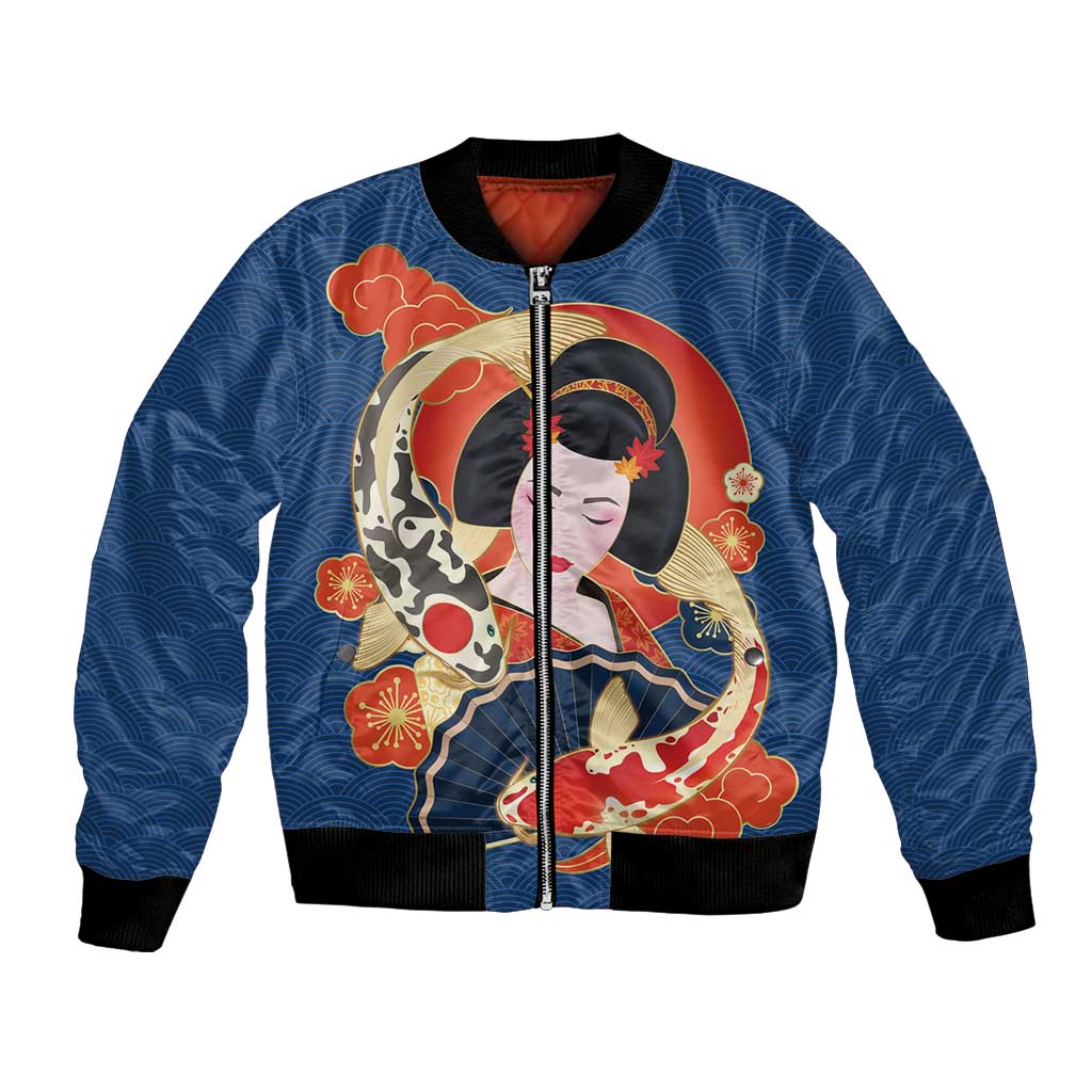 Japanese Geisha Koi Fish Bomber Jacket Cherry Blossoms Blue Seigaiha Pattern - Polynesian Pride