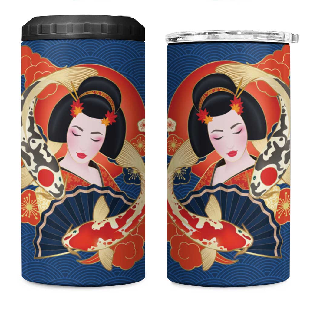 Japanese Geisha Koi Fish 4 in 1 Can Cooler Tumbler Cherry Blossoms Blue Seigaiha Pattern - Polynesian Pride