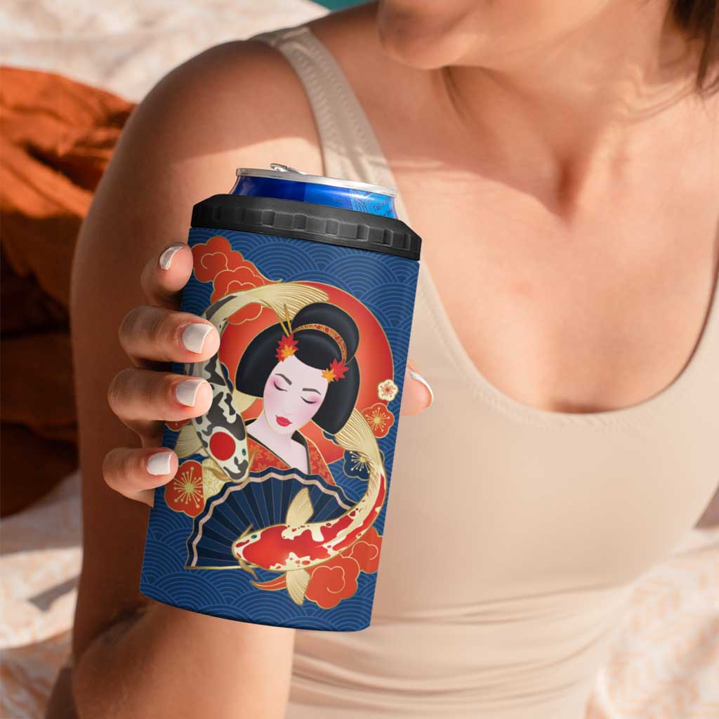 Japanese Geisha Koi Fish 4 in 1 Can Cooler Tumbler Cherry Blossoms Blue Seigaiha Pattern - Polynesian Pride