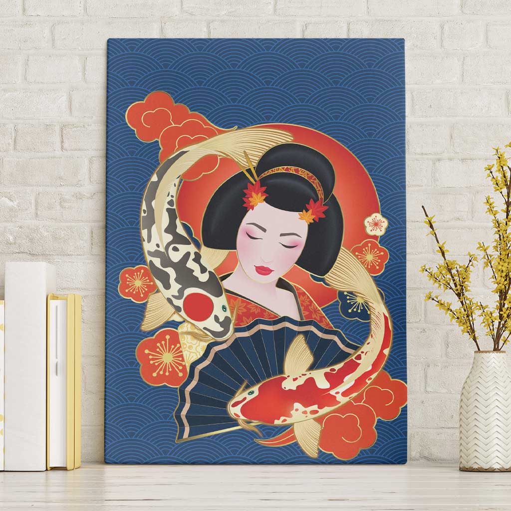 Japanese Geisha Koi Fish Canvas Wall Art Cherry Blossoms Blue Seigaiha Pattern - Polynesian Pride