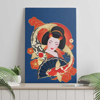 Japanese Geisha Koi Fish Canvas Wall Art Cherry Blossoms Blue Seigaiha Pattern - Polynesian Pride