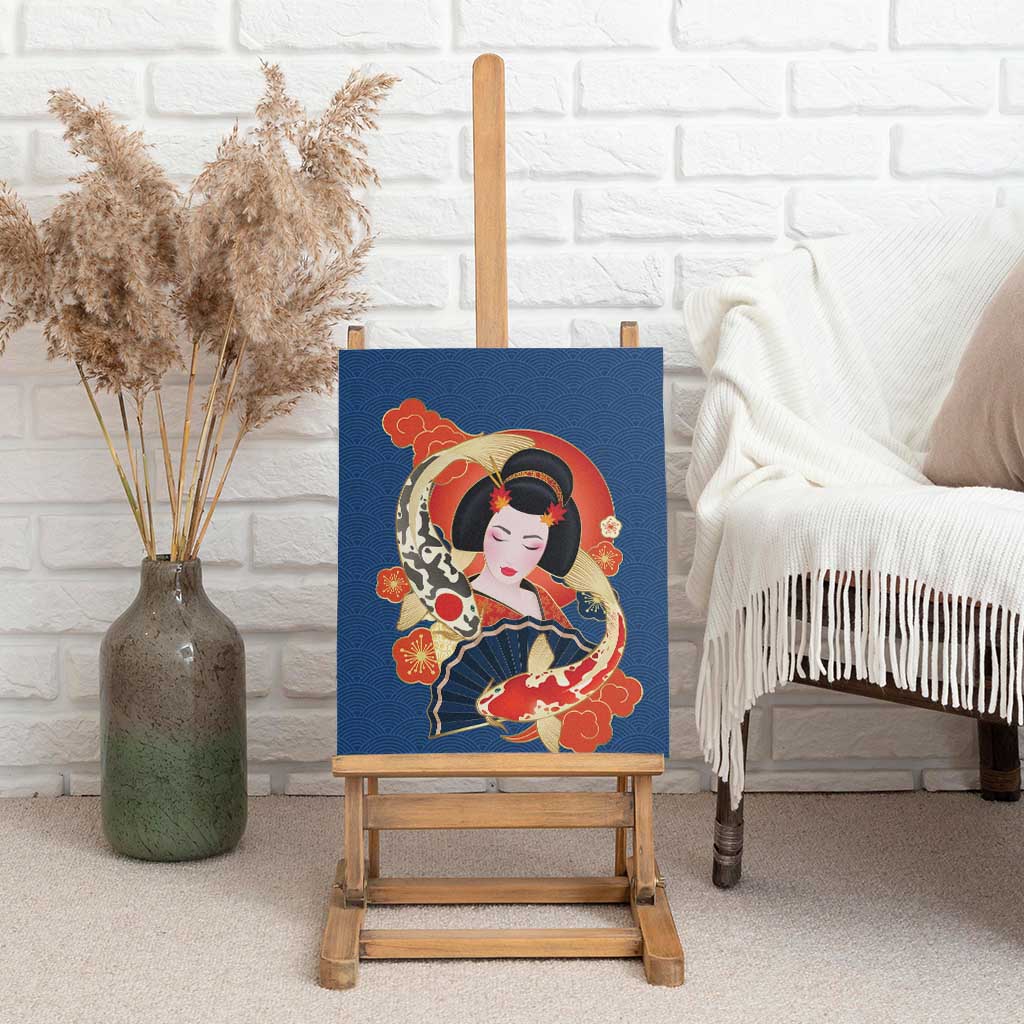 Japanese Geisha Koi Fish Canvas Wall Art Cherry Blossoms Blue Seigaiha Pattern - Polynesian Pride