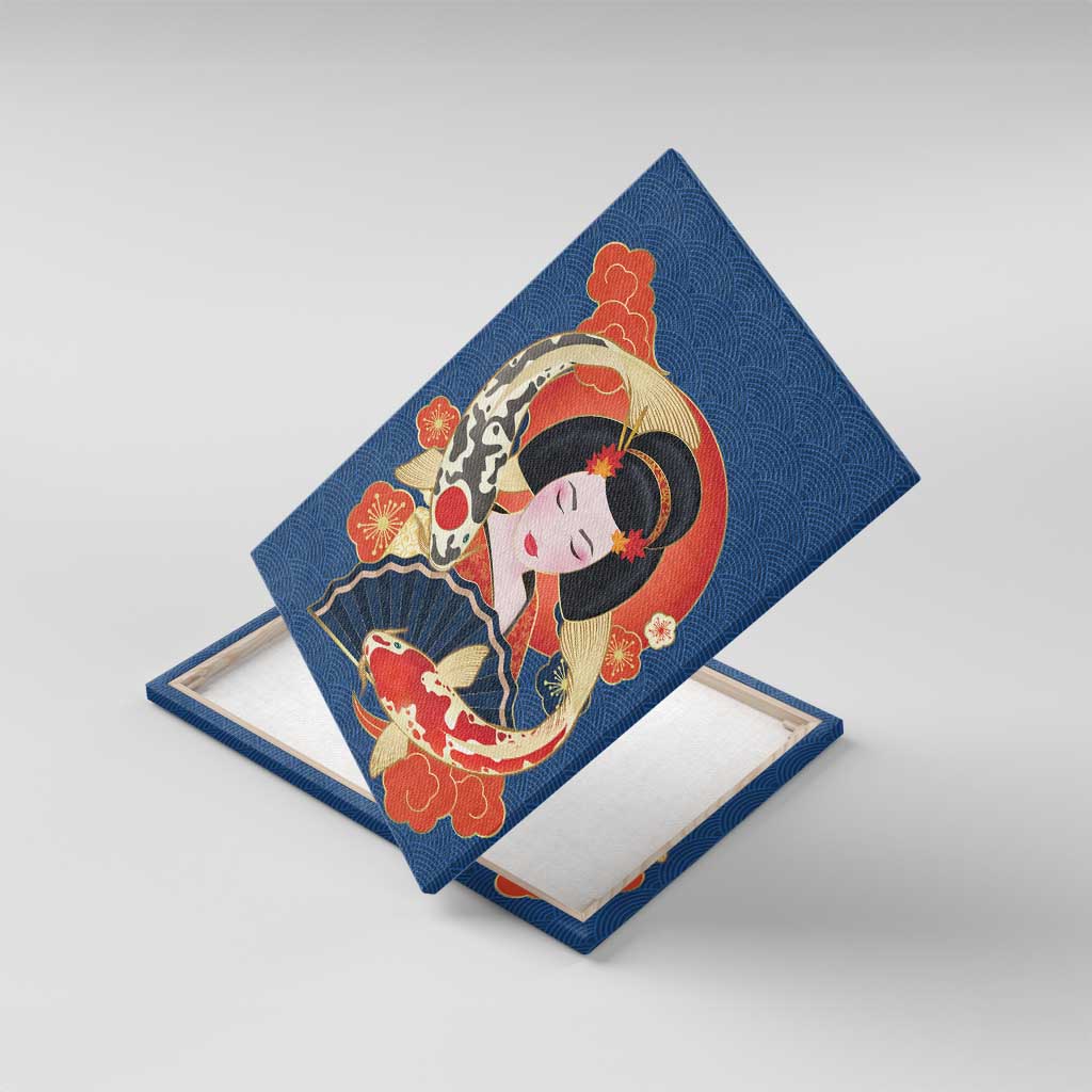 Japanese Geisha Koi Fish Canvas Wall Art Cherry Blossoms Blue Seigaiha Pattern - Polynesian Pride