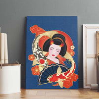 Japanese Geisha Koi Fish Canvas Wall Art Cherry Blossoms Blue Seigaiha Pattern - Polynesian Pride