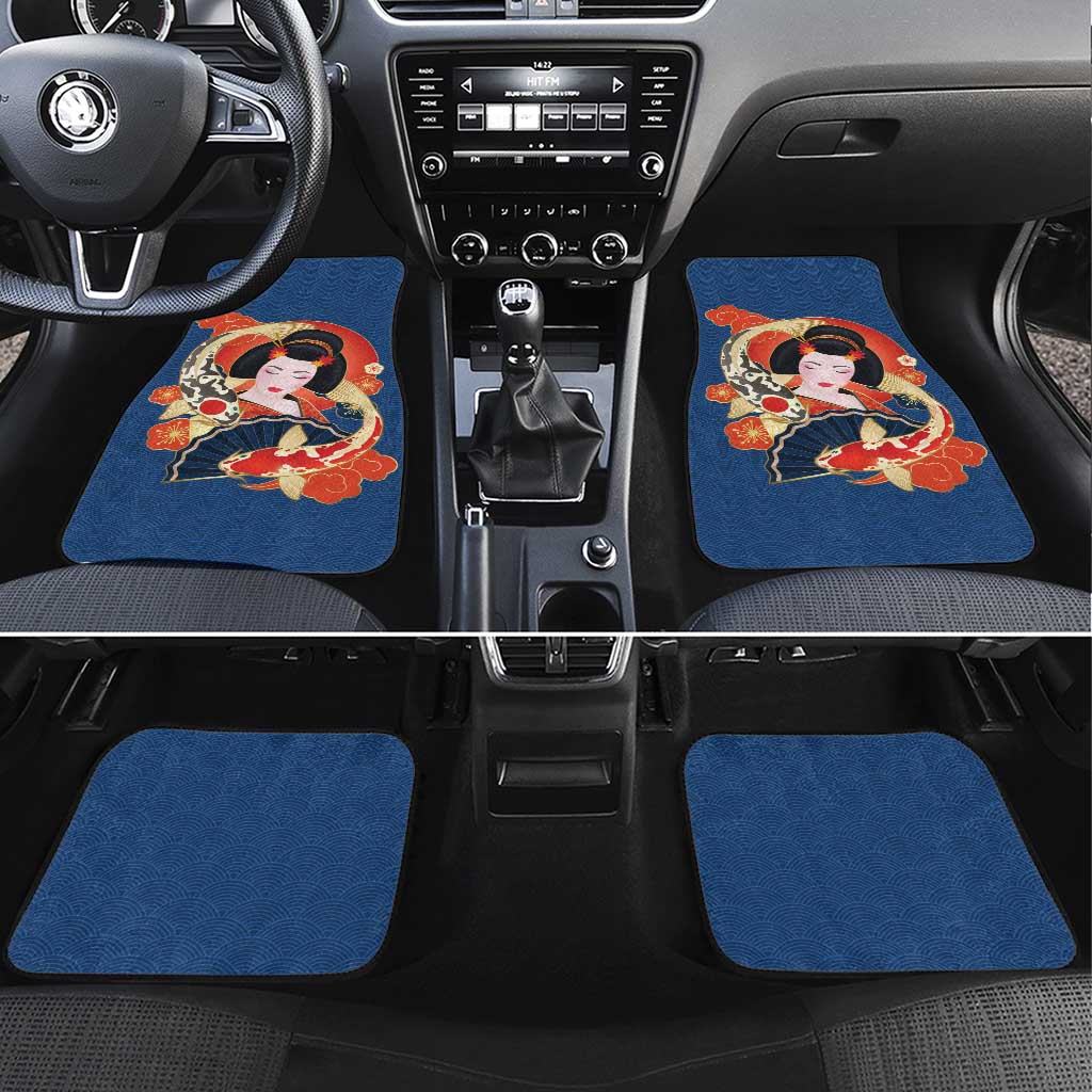 Japanese Geisha Koi Fish Car Mats Cherry Blossoms Blue Seigaiha Pattern LT14 Set 4pcs Blue - Polynesian Pride