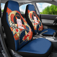 Japanese Geisha Koi Fish Car Seat Cover Cherry Blossoms Blue Seigaiha Pattern - Polynesian Pride