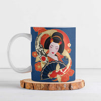 Japanese Geisha Koi Fish Ceramic Mug Cherry Blossoms Blue Seigaiha Pattern - Polynesian Pride