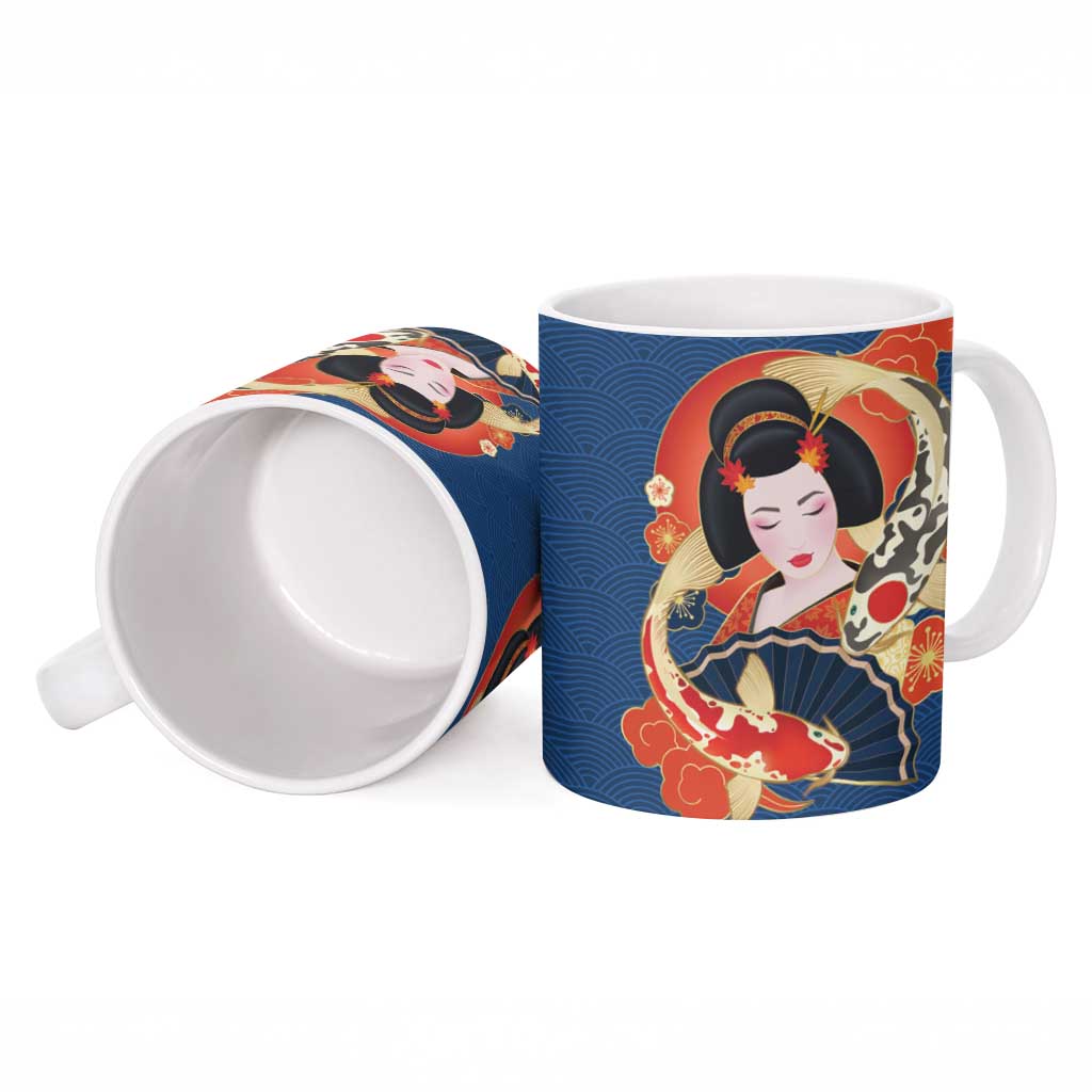 Japanese Geisha Koi Fish Ceramic Mug Cherry Blossoms Blue Seigaiha Pattern - Polynesian Pride