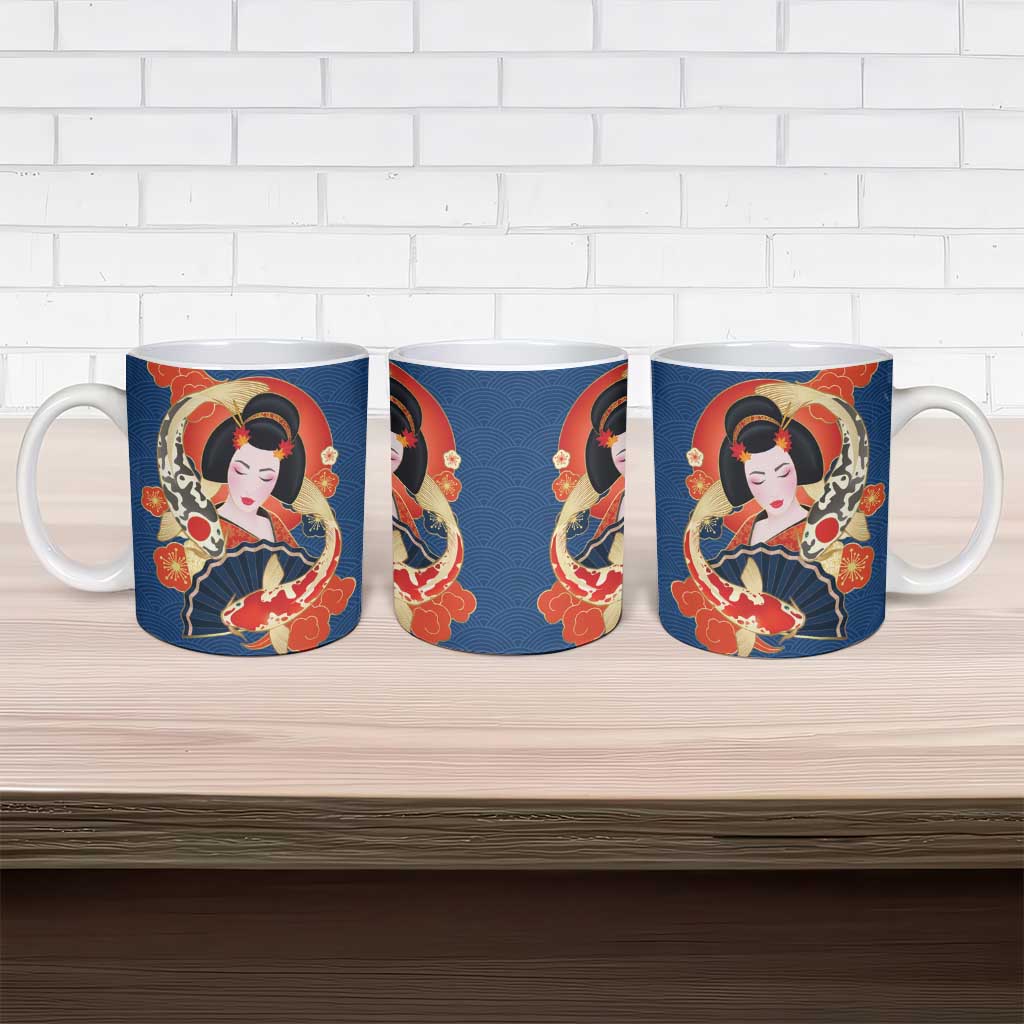 Japanese Geisha Koi Fish Ceramic Mug Cherry Blossoms Blue Seigaiha Pattern - Polynesian Pride