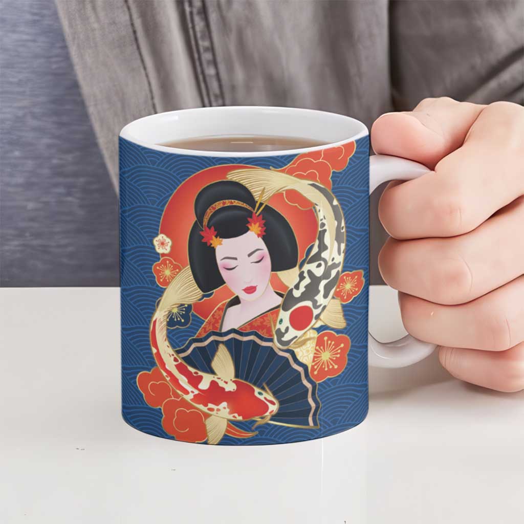 Japanese Geisha Koi Fish Ceramic Mug Cherry Blossoms Blue Seigaiha Pattern - Polynesian Pride