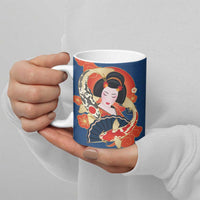 Japanese Geisha Koi Fish Ceramic Mug Cherry Blossoms Blue Seigaiha Pattern - Polynesian Pride