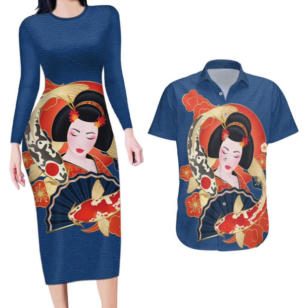 Japanese Geisha Koi Fish Couples Matching Long Sleeve Bodycon Dress and Hawaiian Shirt Cherry Blossoms Blue Seigaiha Pattern LT14 Blue - Polynesian Pride