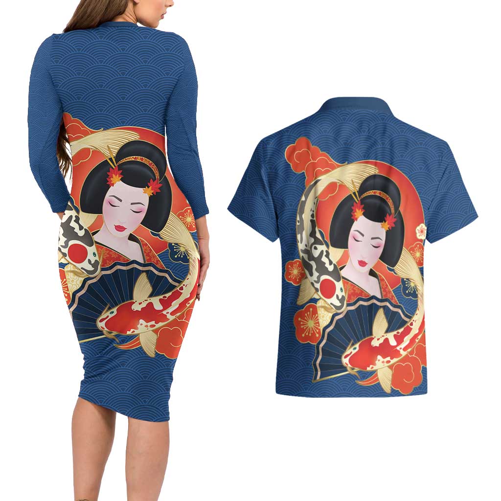 Japanese Geisha Koi Fish Couples Matching Long Sleeve Bodycon Dress and Hawaiian Shirt Cherry Blossoms Blue Seigaiha Pattern LT14 - Polynesian Pride