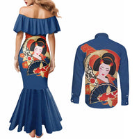 Japanese Geisha Koi Fish Couples Matching Mermaid Dress and Long Sleeve Button Shirt Cherry Blossoms Blue Seigaiha Pattern LT14 - Polynesian Pride