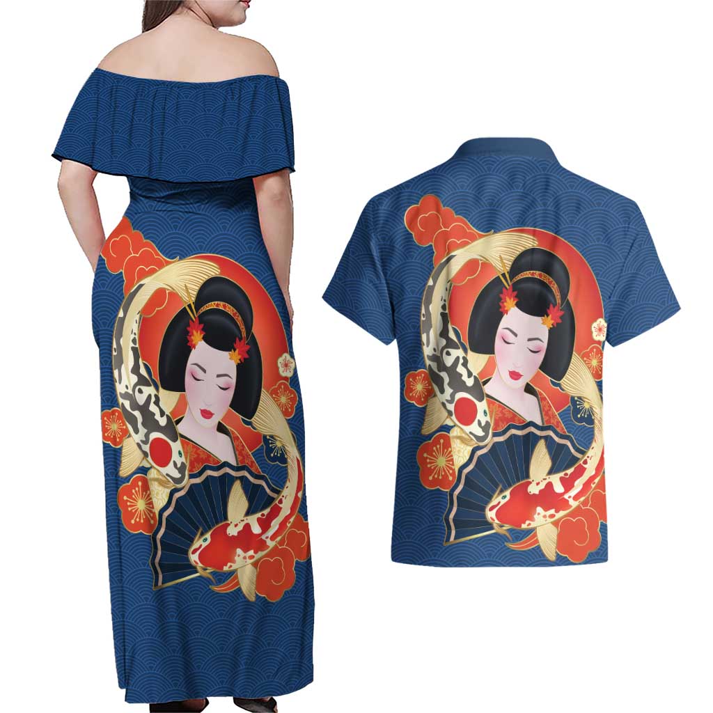 Japanese Geisha Koi Fish Couples Matching Off Shoulder Maxi Dress and Hawaiian Shirt Cherry Blossoms Blue Seigaiha Pattern LT14 - Polynesian Pride