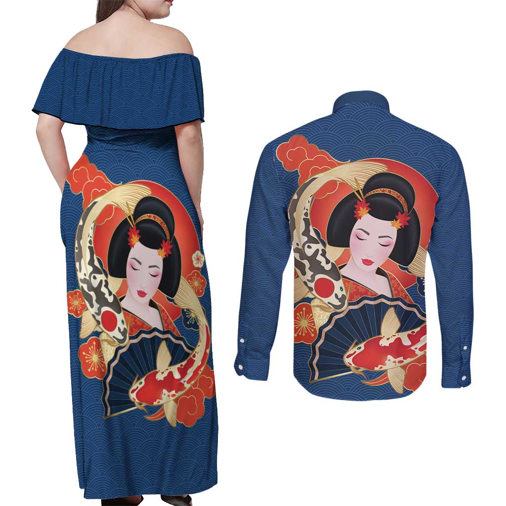Japanese Geisha Koi Fish Couples Matching Off Shoulder Maxi Dress and Long Sleeve Button Shirt Cherry Blossoms Blue Seigaiha Pattern LT14 - Polynesian Pride
