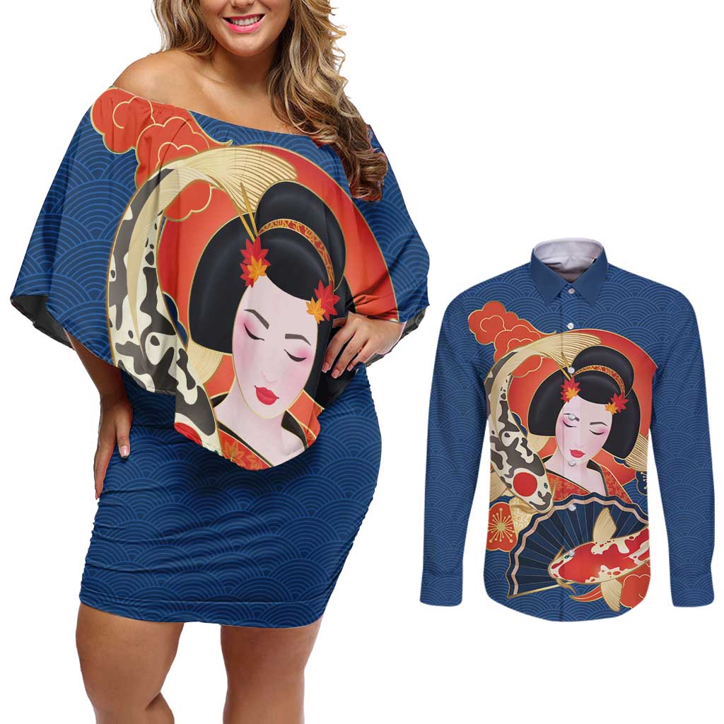 Japanese Geisha Koi Fish Couples Matching Off Shoulder Short Dress and Long Sleeve Button Shirt Cherry Blossoms Blue Seigaiha Pattern LT14 Blue - Polynesian Pride