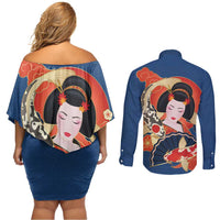 Japanese Geisha Koi Fish Couples Matching Off Shoulder Short Dress and Long Sleeve Button Shirt Cherry Blossoms Blue Seigaiha Pattern LT14 - Polynesian Pride
