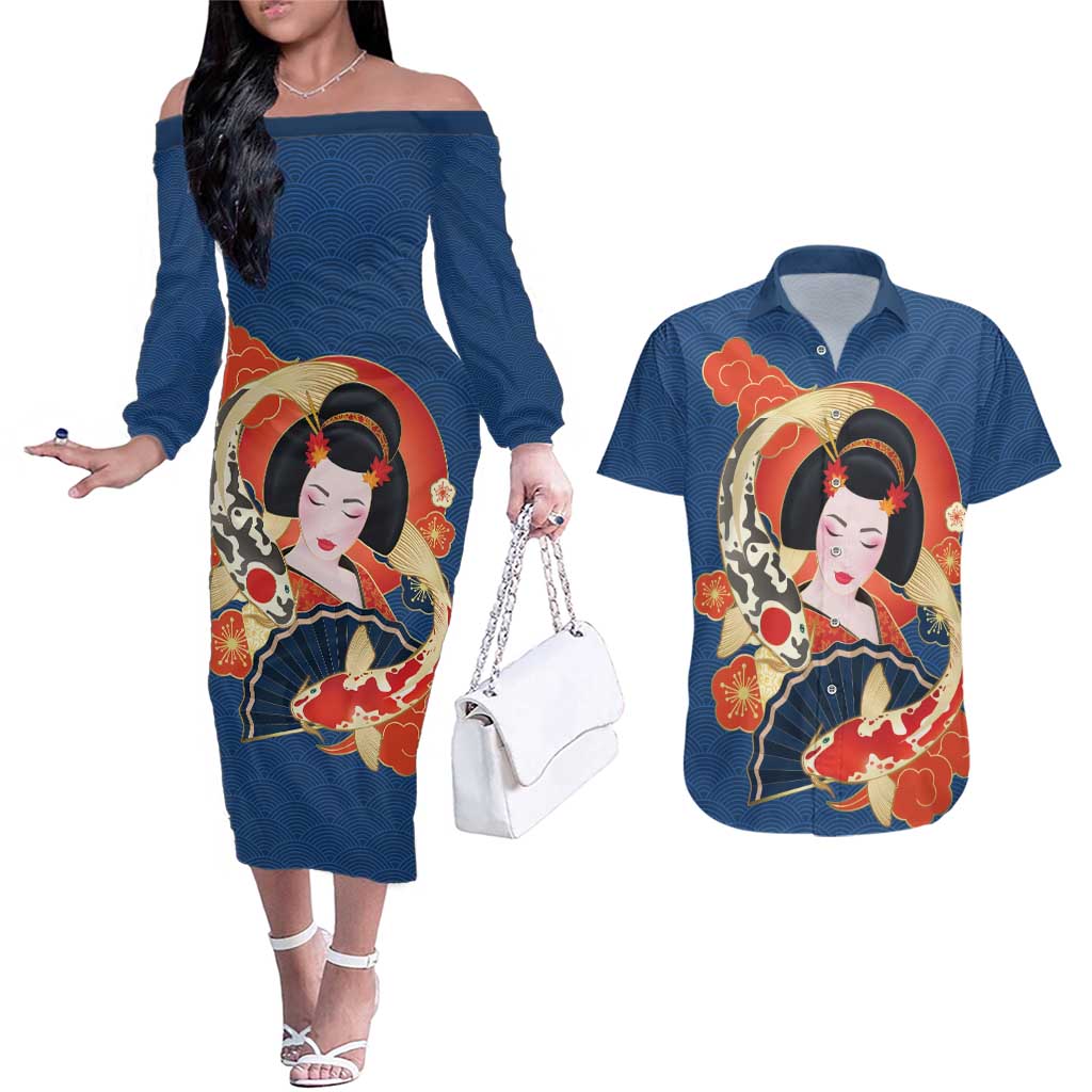Japanese Geisha Koi Fish Couples Matching Off The Shoulder Long Sleeve Dress and Hawaiian Shirt Cherry Blossoms Blue Seigaiha Pattern - Polynesian Pride