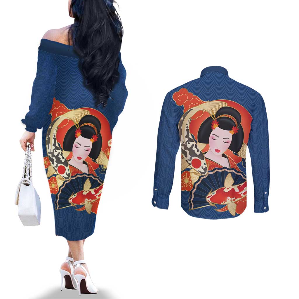 Japanese Geisha Koi Fish Couples Matching Off The Shoulder Long Sleeve Dress and Long Sleeve Button Shirt Cherry Blossoms Blue Seigaiha Pattern LT14 - Polynesian Pride