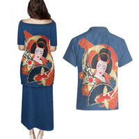 Japanese Geisha Koi Fish Couples Matching Puletasi and Hawaiian Shirt Cherry Blossoms Blue Seigaiha Pattern LT14 - Polynesian Pride