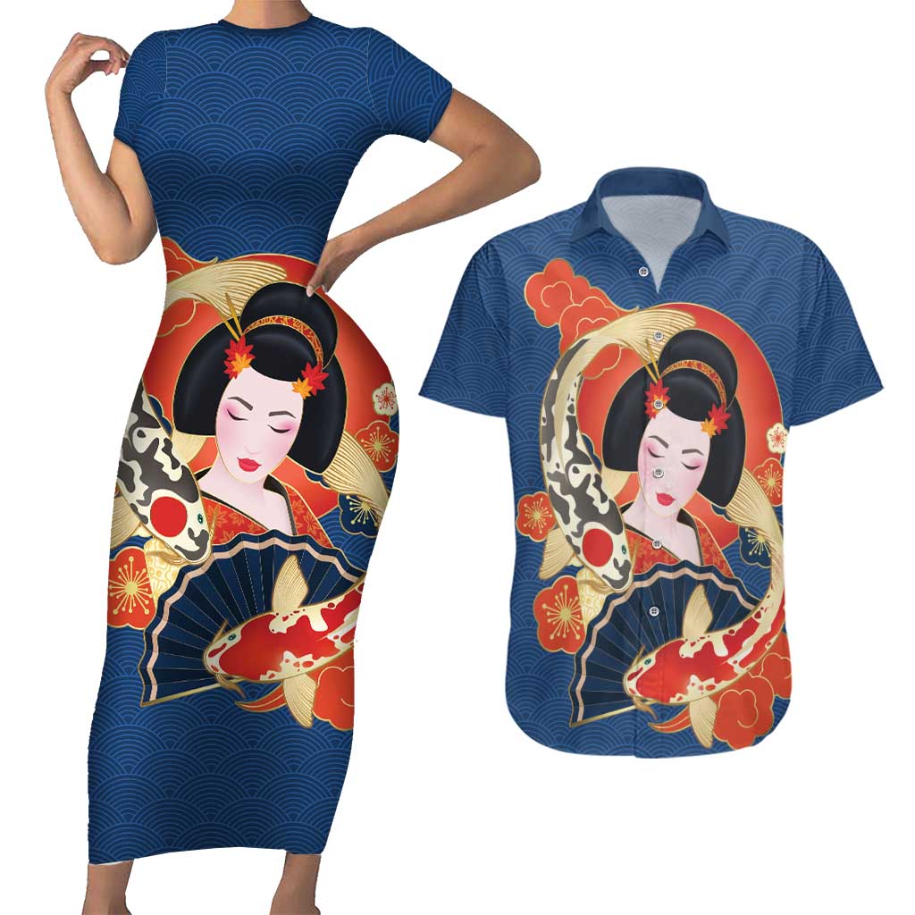 Japanese Geisha Koi Fish Couples Matching Short Sleeve Bodycon Dress and Hawaiian Shirt Cherry Blossoms Blue Seigaiha Pattern LT14 Blue - Polynesian Pride