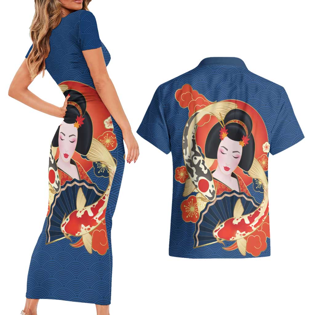 Japanese Geisha Koi Fish Couples Matching Short Sleeve Bodycon Dress and Hawaiian Shirt Cherry Blossoms Blue Seigaiha Pattern LT14 - Polynesian Pride