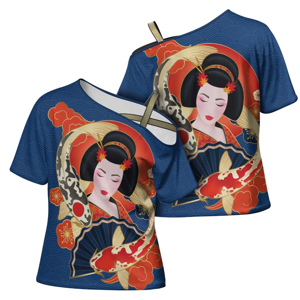 Japanese Geisha Koi Fish Cross Shoulder Shirt Cherry Blossoms Blue Seigaiha Pattern - Polynesian Pride