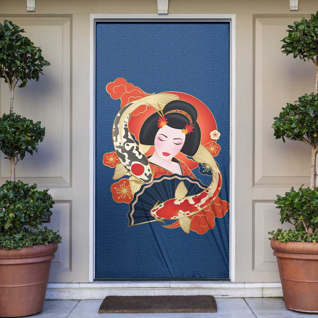 Japanese Geisha Koi Fish Door Cover Cherry Blossoms Blue Seigaiha Pattern - Polynesian Pride