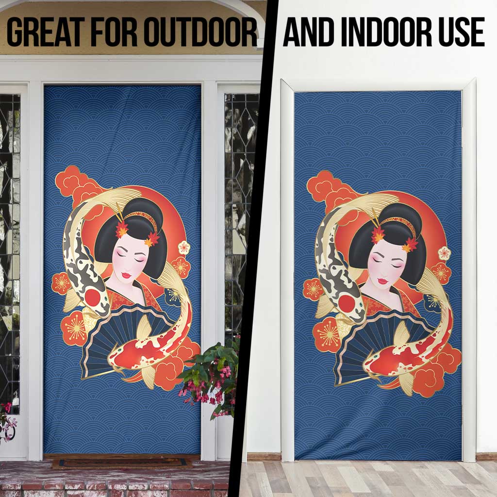 Japanese Geisha Koi Fish Door Cover Cherry Blossoms Blue Seigaiha Pattern LT14 - Polynesian Pride