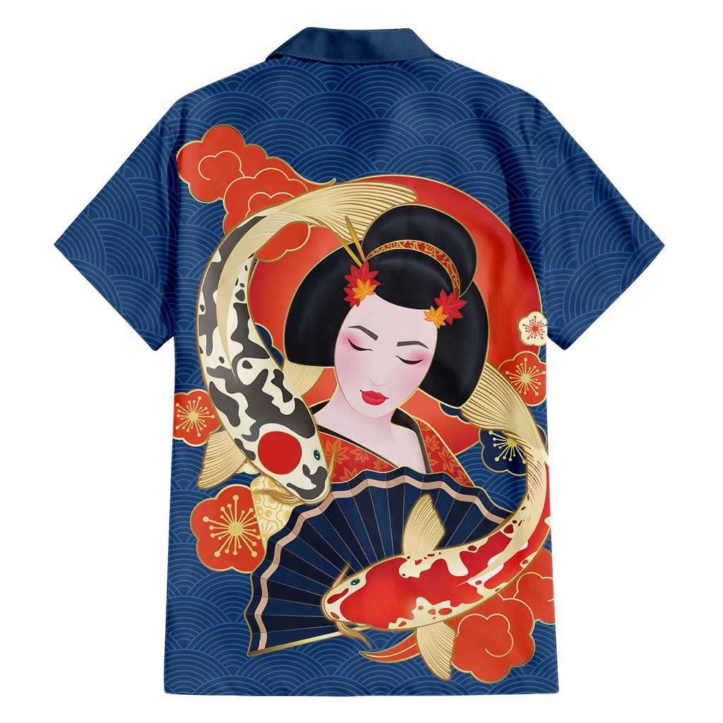 Japanese Geisha Koi Fish Family Matching Long Sleeve Bodycon Dress and Hawaiian Shirt Cherry Blossoms Blue Seigaiha Pattern LT14 - Polynesian Pride