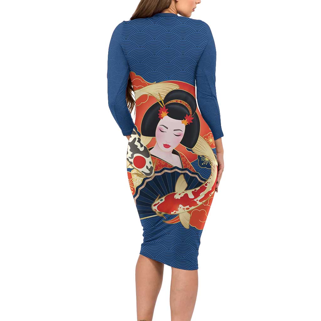 Japanese Geisha Koi Fish Family Matching Long Sleeve Bodycon Dress and Hawaiian Shirt Cherry Blossoms Blue Seigaiha Pattern LT14 - Polynesian Pride