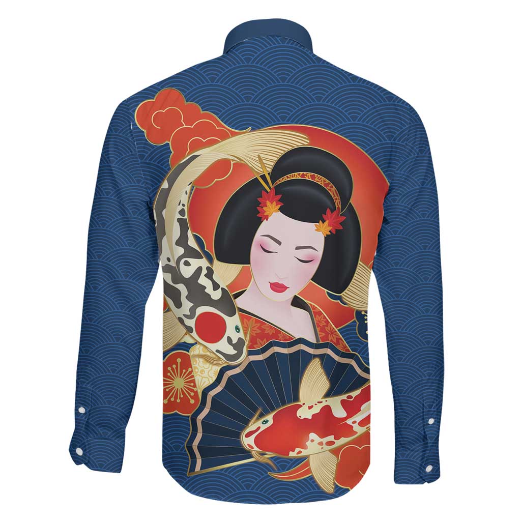 Japanese Geisha Koi Fish Family Matching Mermaid Dress and Hawaiian Shirt Cherry Blossoms Blue Seigaiha Pattern - Polynesian Pride