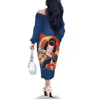 Japanese Geisha Koi Fish Family Matching Off The Shoulder Long Sleeve Dress and Hawaiian Shirt Cherry Blossoms Blue Seigaiha Pattern LT14 - Polynesian Pride