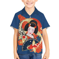 Japanese Geisha Koi Fish Family Matching Off The Shoulder Long Sleeve Dress and Hawaiian Shirt Cherry Blossoms Blue Seigaiha Pattern LT14 Son's Shirt Blue - Polynesian Pride
