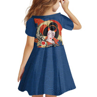 Japanese Geisha Koi Fish Family Matching Off Shoulder Short Dress and Hawaiian Shirt Cherry Blossoms Blue Seigaiha Pattern - Polynesian Pride