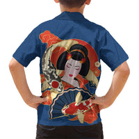 Japanese Geisha Koi Fish Family Matching Puletasi and Hawaiian Shirt Cherry Blossoms Blue Seigaiha Pattern LT14 - Polynesian Pride