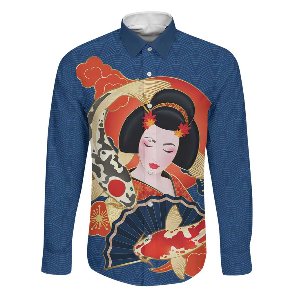 Japanese Geisha Koi Fish Family Matching Puletasi and Hawaiian Shirt Cherry Blossoms Blue Seigaiha Pattern LT14 Dad's Shirt - Long Sleeve Blue - Polynesian Pride