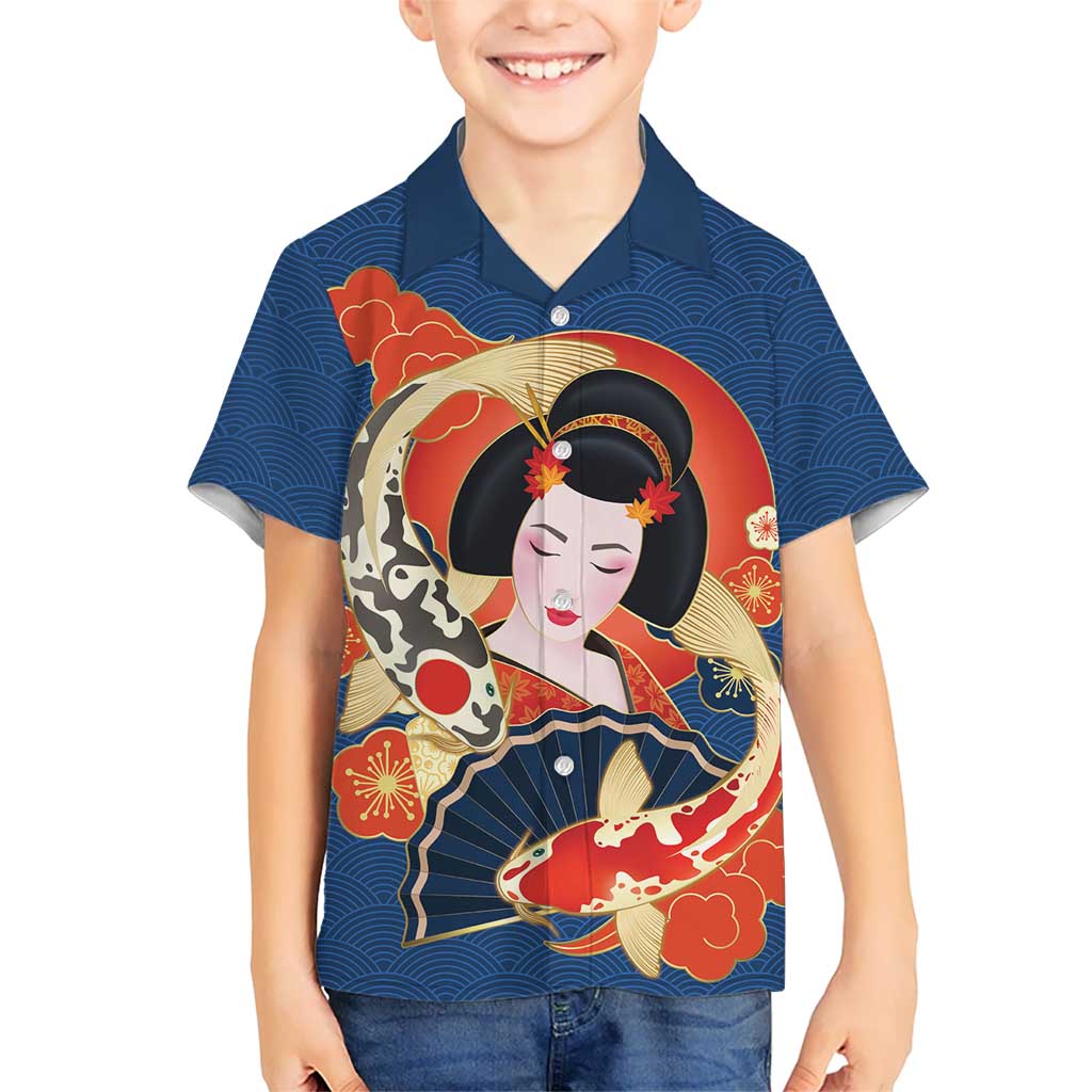 Japanese Geisha Koi Fish Family Matching Short Sleeve Bodycon Dress and Hawaiian Shirt Cherry Blossoms Blue Seigaiha Pattern - Polynesian Pride