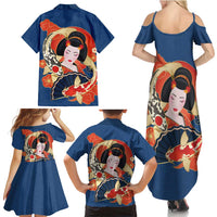 Japanese Geisha Koi Fish Family Matching Summer Maxi Dress and Hawaiian Shirt Cherry Blossoms Blue Seigaiha Pattern - Polynesian Pride